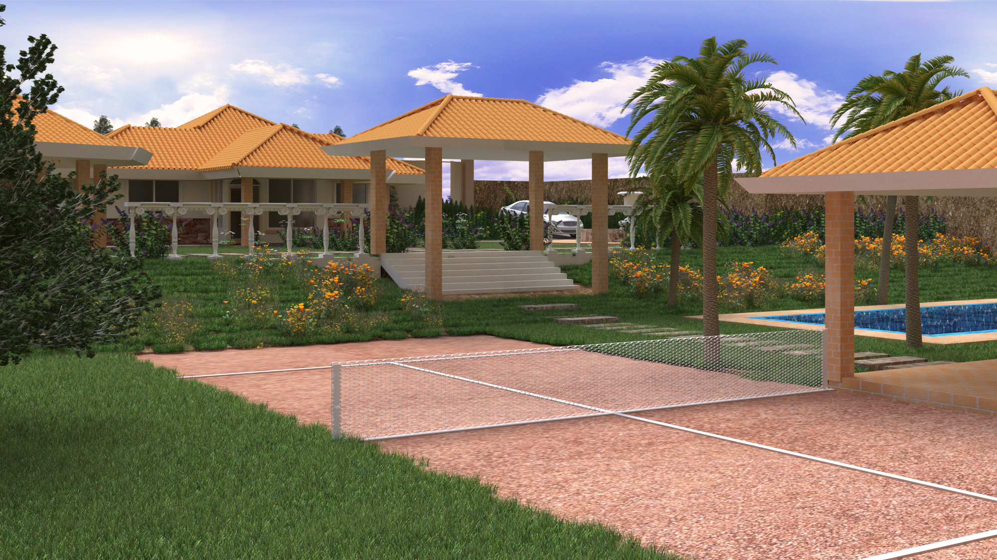 Casa Campestre — fachada principal con pérgola y cancha