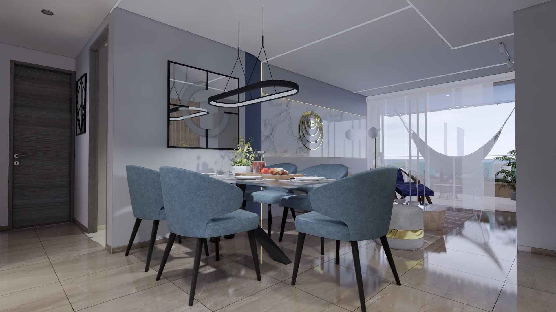 Índigo — comedor con lámpara ovalada y sillas azules