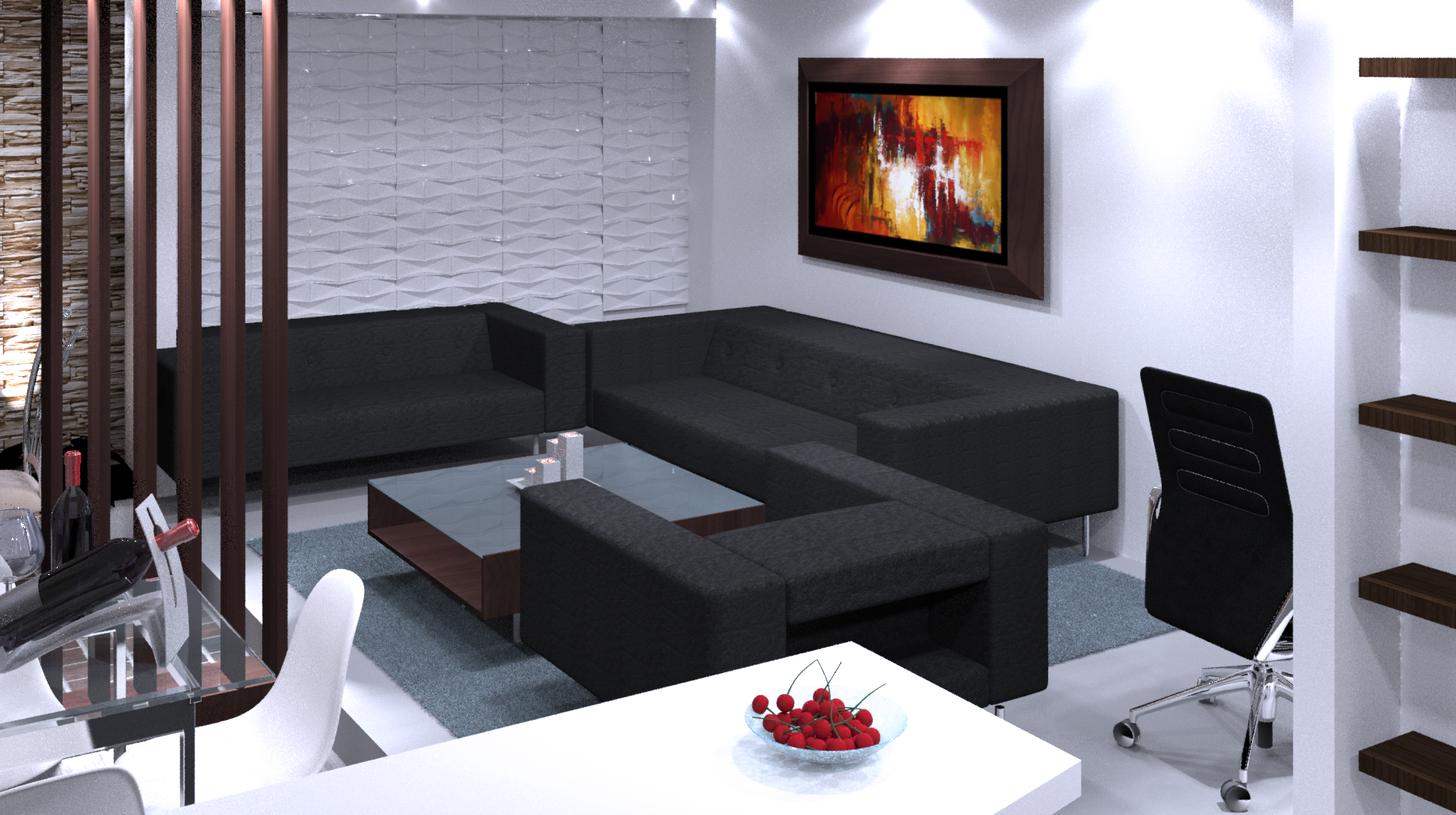 Sala — panel 3D y sofá en grafito