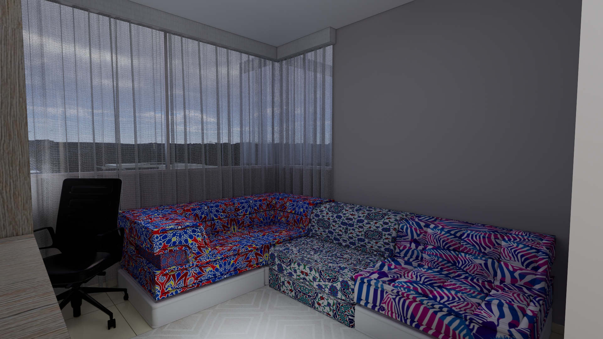 Índigo — habitación con sofá estampado